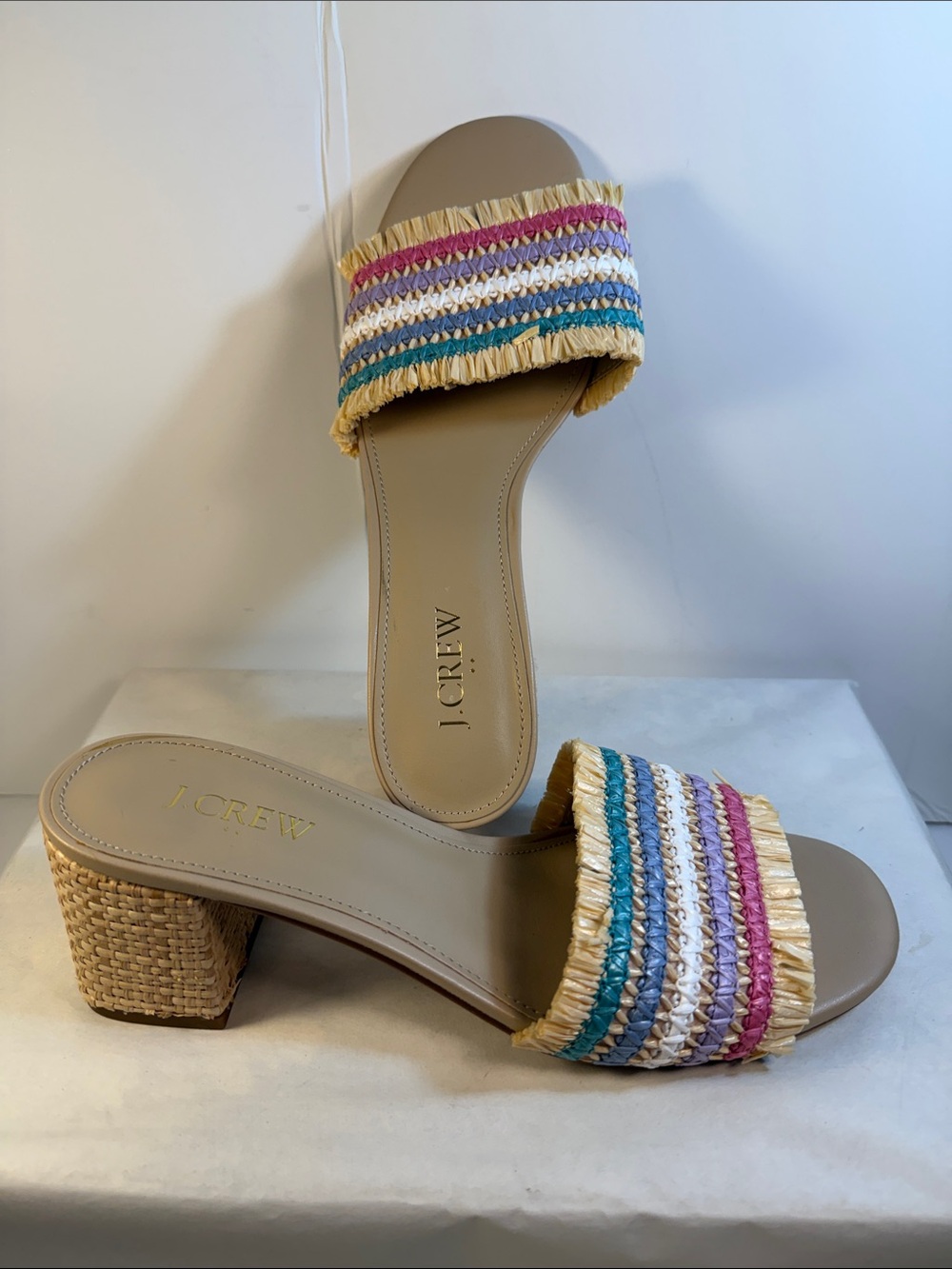 J. Crew Tan Raffia-Striped Slide Mules with Multicolor Bands